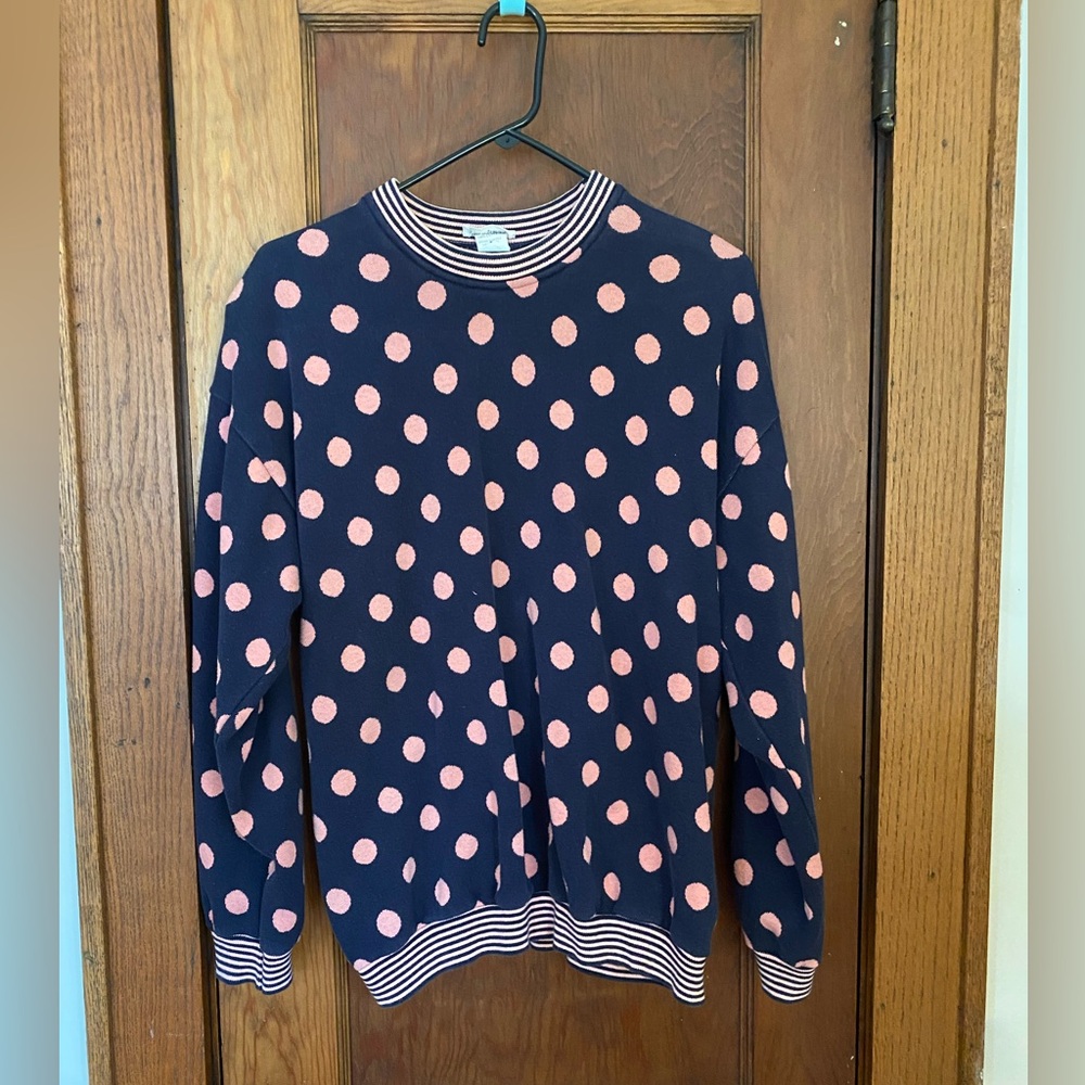 Neiman Marcus Pink and Navy Blue Polka Dot Crewneck Sweater